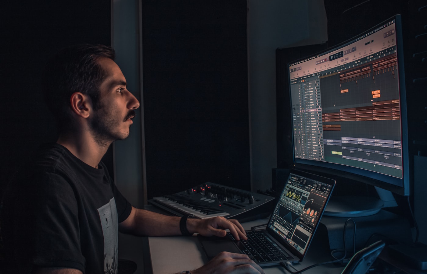 Music production workstation displaying active tracks